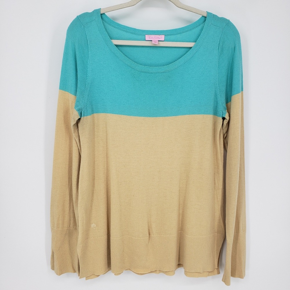 Lilly Pulitzer Debra Colorblock Sweater Aqua Tan Knit Long Sleeve Women's Size L